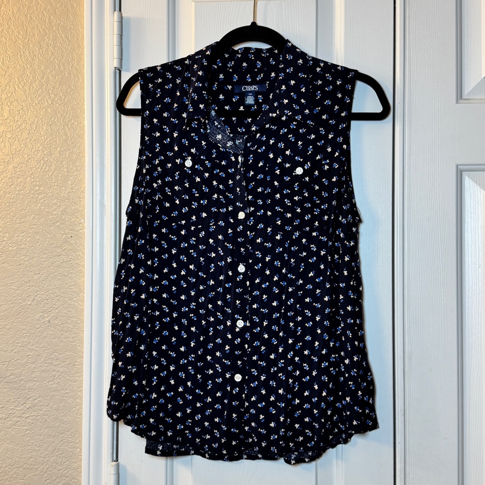 Chaps Navy Floral Sleeveless Button Up Collared Lightweight Women's Sz‎ L Blouse